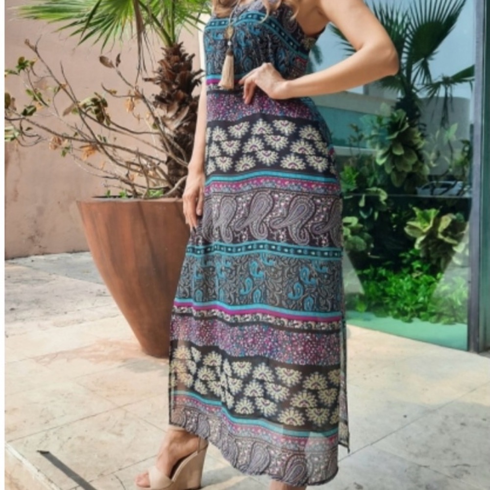 Boho Paisley Print Maxi Dress in Teal and Black